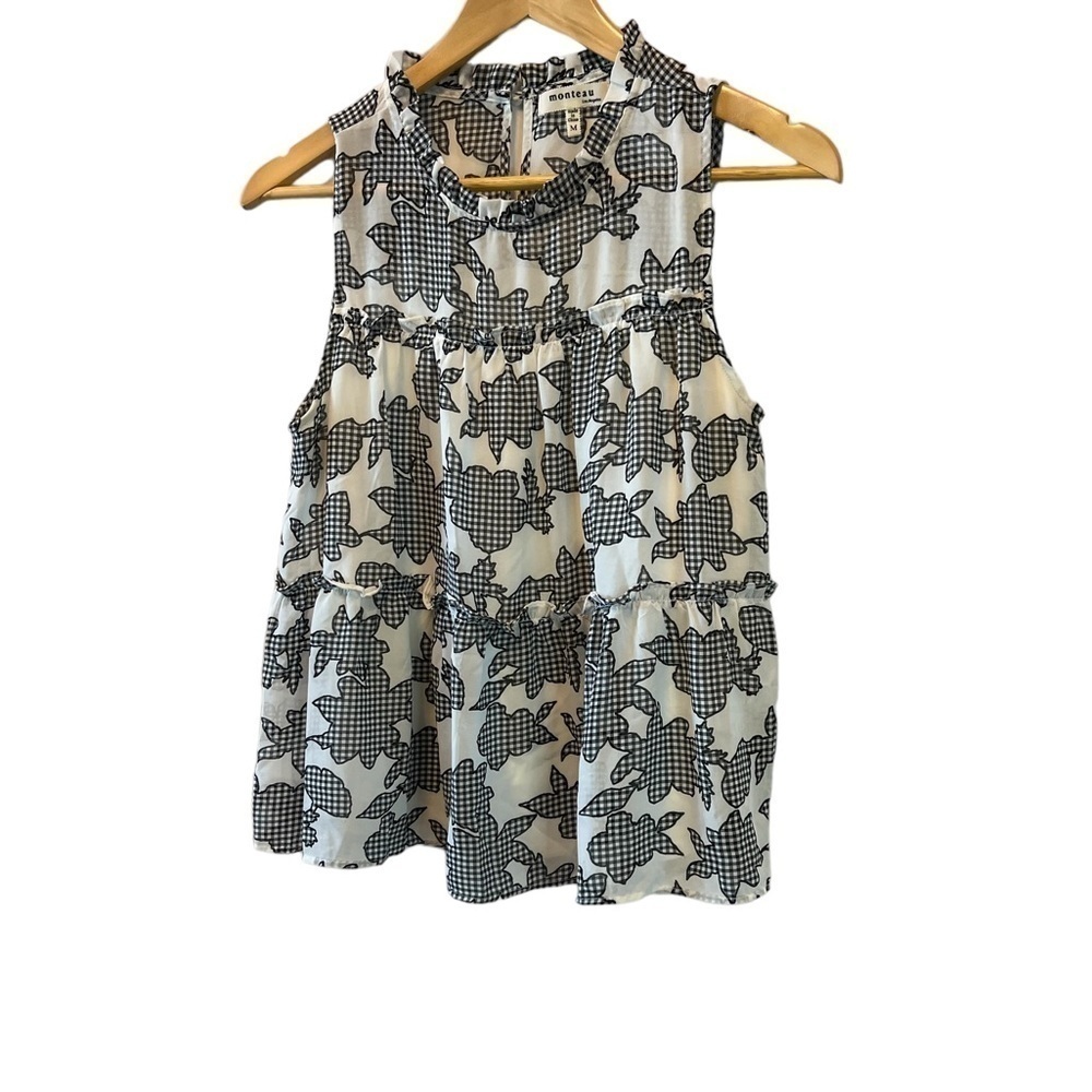 MONTEAU Cream & Black Printed High Neck Sleeveless Ruffle Top M